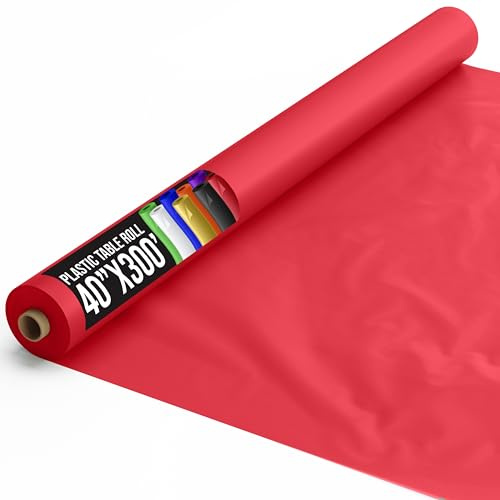 Exquisite Party Solids Red Plastic Table Cover Roll 40 X 300' Table Cloth Plastic Cover Roll - Premium Quality Thick 0.5 MIL Banquet Rolls - Disposable Tablecloth Rolls
