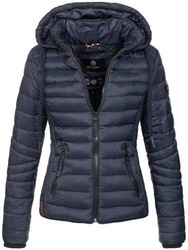 Navahoo Damen Steppjacke XS-XXL leichte Übergangsjacke mit abnehmbarer Kapuze, wasserabweisend, taillierter Schnitt B650 (M,Navy)