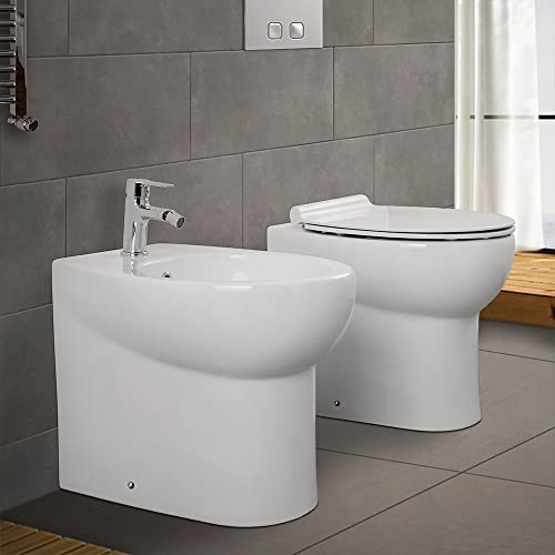 Inbagno Coppia Sanitari Filo Muro a Terra salvaspazio, in Ceramica Bianca Lucida Serie Ice, Completa di Sedile Copri WC rallentato