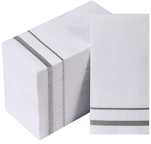 FOCUSLINE 200 Linen Feel Disposable Bathroom Napkins, Soft and Absorbent Paper Guest Towels, Cloth-Like Hand Towels Decorative Paper Napkins for Parties, Weddings, Dinners or Events, Silver, 12 x 17