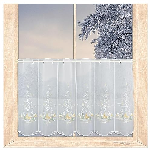 atelier alles-Spitze Hochwertige halbtransparente Winter-Scheibengardine Kleines Haus im Schnee | In weiß, beige, grün und Gold bestickte Kurzgardine | Höhe x Breite 55 x 128 cm