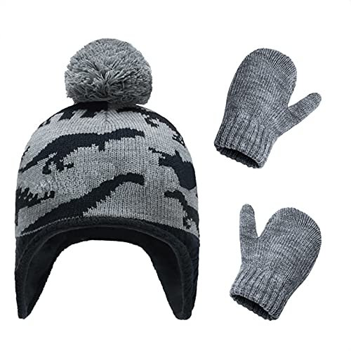 ITODA Beanie Mütze Kinder Handschuhe Set Strickmütze Dino Kinderhut Plüschfutter Kindermütze Jungen Wintermütze mit Ohrenklappe Kinderhandschuhe Strick Wollmütze Winter Herbst Freizeitmütze Geschenk