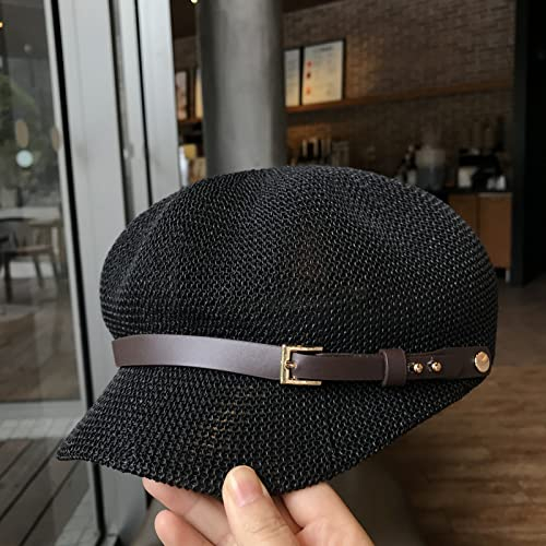 oonui Baskenmütze Damen Achteckige Kappe Stroh Damen Sommer Dünne Ballonmütze Maler Verstellbares Seil Gestrickte Baskenmütze Mesh Atmungsaktiver Strandstrohhut,Schwarz,56-58Cm