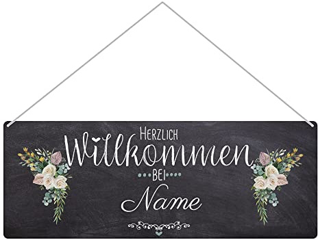 Haustürschild mit Name - Herzlich Willkommen bei - Metallschild mit Nachname personalisieren, Outdoorschild aus Aluminium | Wetterfest, Blumen-Motiv, 24x9 cm