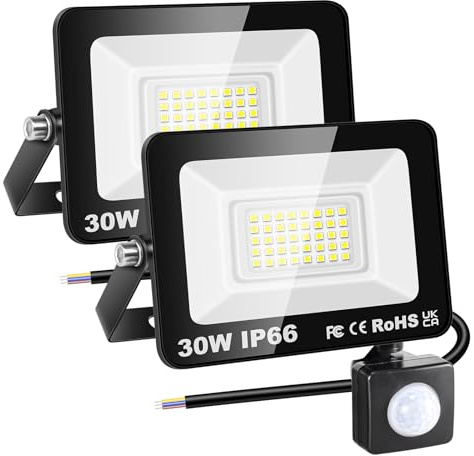 RIGIDON 2x 30W PIR aussenleuchte bewegungsmelder led strahler, außen lampe | ohne stecker, 3000lm, 6000K kaltweiß, wasserdicht, led flutlicht, außenleuchte, für garten garage innenhöfe carport hauswand