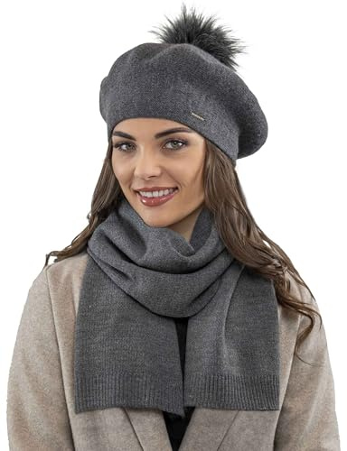 Vivisence Conjunto De Boina Y Bufanda para Damas 7035Kmpl, Gris Oscuro,Talla Única
