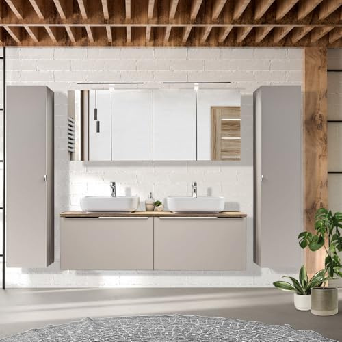 Lomadox Badezimmermöbel Komplett Badmöbel Set Taupe mit Vintage Eiche Nb, 2 Keramik-Waschbecken, 160cm Waschtisch-Unterschrank, 2 LED-Spiegelschränke, 2 Hochschränke