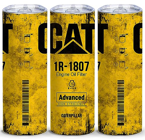 Lustiger Becher Geschenke für Männer – Alfaro Yellow CAT 1R 1807 Motorölfilter, schmaler Becher mit Deckel, doppelwandiger Edelstahlbecher, isolierter Reise-Kaffeebecher (1 Stück)