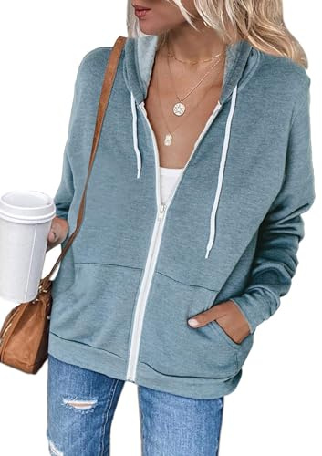 Jhsnjnr Womens Solid Long Sleeve Hoodie Zip Up Lightweight Shirt Jackets Casual Hooded Sweatshirt Sky Blue
