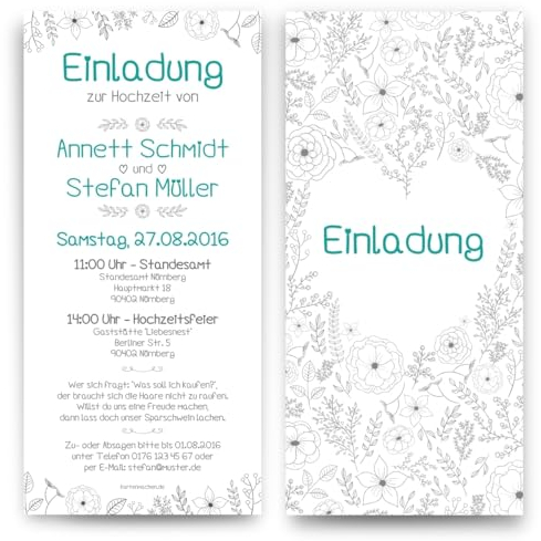 10 x Einladungskarten zur Hochzeit individuelle Hochzeitseinladungen selbst gestalten - Bleistift Zeichnung
