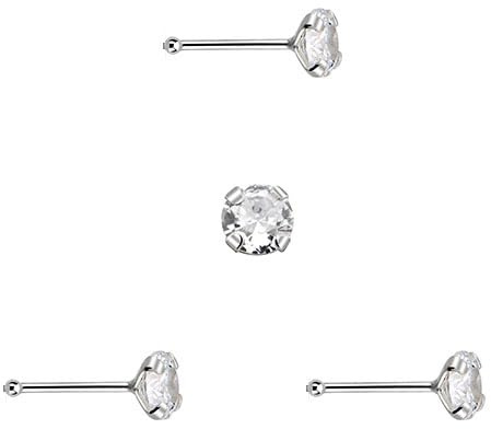 DENI 3 Ohrstecker Nase kurz mit kleiner Kugel am Ende Silber Zirkonia Stein rund glänzend groß 2,5 mm, Sterling Silber