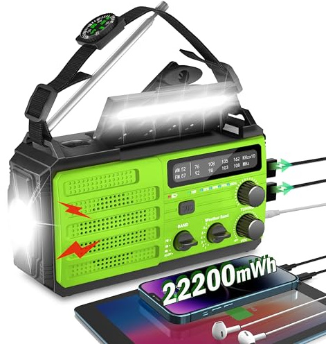 Emergency Radio with Solar & Hand Crank Radio 22200mWh (6000mAh) NOAA Emergency Weather Radio Alert, SOS Alarm, AM/FM, Hand Crank Flashlight, Compass for Tornado, Winter Storm, and Survival Kits
