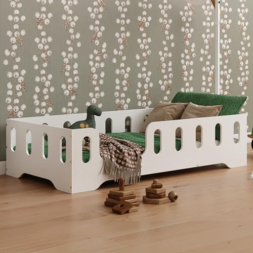 smartwood Bodenbett 140x200 cm mit Rausfallschutz, Holz, Weiß, TILA 2L | Montessori Kinderbett, Lattenrost belastbar bis 300 kg, FSC-Zertifikat, abgerundete Kanten, Einfache Montage, ab 3 Jahren