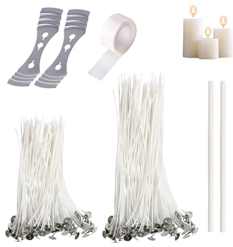 ZEVONDA 100 Stück Kerzendocht Set 10/15cm - Kerzen Gießen Set mit 1-Rolle Dochtaufkleber 2 Stück Dochthalter 2 Stück Dochtplatzierungsrohre für Kerzen Selber Machen