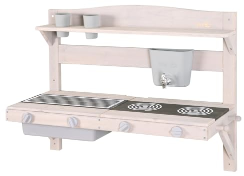 roba Cuisine Extérieure Murale pour Enfants avec Évier, Plaques de Cuisson et Réservoir à Eau - Idéale de 18 Mois à 8 Ans - Cuisine à Suspendre en Bois Massif Lasuré Gris