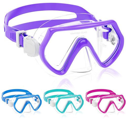JATEKA Taucherbrille Kinder,Schwimmbrille mit Nasenschutz für Jungen Mädchen,180° Schnorchelmaske mit Ohrstöpsel,Anti-Leck Tauchmaske Kinder für 4-12 Jahre - Lila
