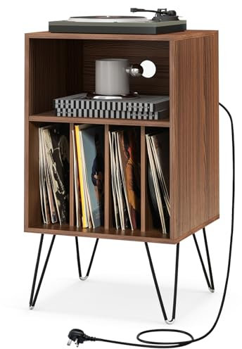COSTWAY Record Player Stand with Charging Station, Turntable Stand End Sofa Side Table with 5 Shelves & Cable Hole, Albums Vinyl Record Storage Cabinet Holder for Living Room Bedroom (Walnut)