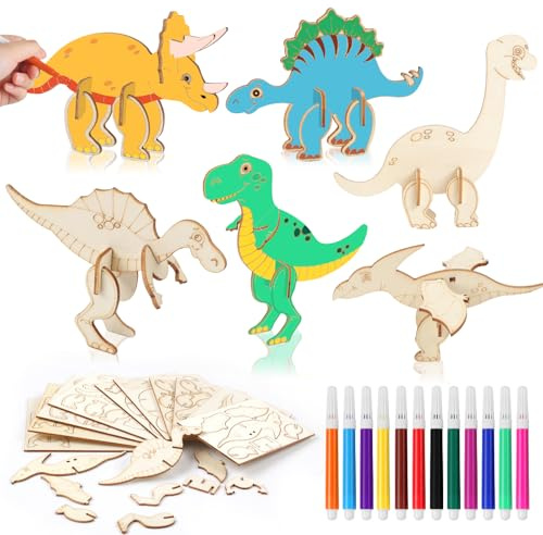 Dinosaurier Holz Bastelset, 12 Stück 3D Puzzle Drachen Geburtstag Bastelset | mit Farbstifte, Dinosaurier Bastelset, Dino Holz Basteln Kinder für Mädchen Jungen DIY Geburtstag Handwerk