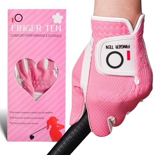 FINGER TEN Damen-Golfhandschuhe, Rechtshänder, Linke Hand, 1 Stück, Golfhandschuhe, Regengriff, heiß, nass, Allwetter-Netzgewebe für Mädchen, Damen, S, M, L (Rose, Medium (Worn On Links Hand))
