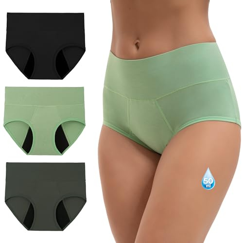 INNERSY Periodenunterschwäsche Starke Blutung Bambus Periodenslips 3er Pack | High Waist Menstruation Slip, Menstruationsunterwäsche Microfaser, Waschbare Perioden Unterwäsche, Auslaufsichere Unterhosen