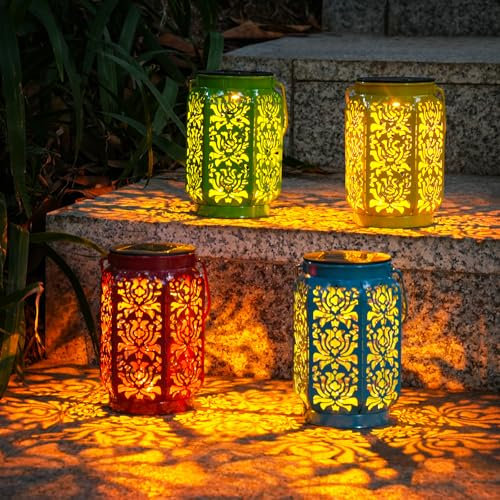 Farolillos Solares OxyLED para Exterior - Pack de 4 Colores (Azul/Amarillo/Rojo/Verde), IP44 Impermeable, Decoración Jardín Estilo Marroquí con Motivo de Rosas - Ideal para Terraza, Valla y Mesa