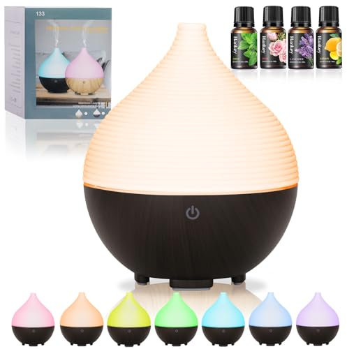 BUOAZR Aroma Diffuser, 160ML Diffuser mit Ätherische Öle, 7 Farben LED, mit 4 x10 ML Duftöl, Holzmaserung Luftbefeuchter, Automatische Abschaltung bei Wasserlosem Zustand für Zuhause, Büro, Yoga
