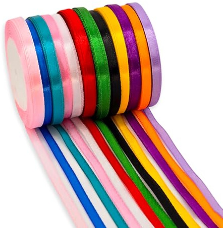 Pack of 12 Multicolor Satin Ribbons for Crafting (Each 6mm X 22m) Thin Ribbon for Crafting, Hair Ribbons, Thick Ribbon Set, Silk Ribbons for Hair, Coloured Ribon for Sewing, Fabric Satin