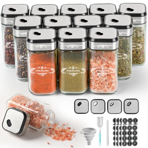 SXTIHD Tarros de especias de vidrio, juego de 12 × 120 ml Recipiente para almacenar especias con cierre hermético reforzado y tapa de acero inoxidable, etiqueta