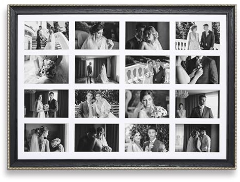 Camden Reed Glass Photo Frame with White Mat, 16 Openings, Black MDF Backing, Sawtooth Hangers, Color Box Packaging, 20x28, Black with Gold