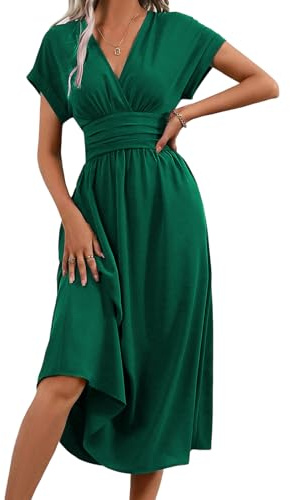 LIAMERHE Vestido Verano Manga Corta Mujer Casual Vestidos Largos Cuello en V Elegante Plisado Vestido Línea A Vestido Largo para Fiesta en Playa Verde S