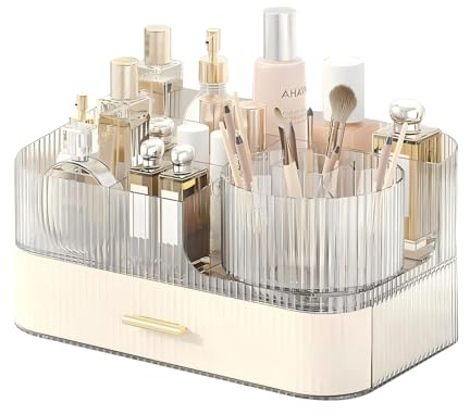DASITON Make Up Kosmetik Organizer, 360° Drehbar Make Up Pinsel Organizer, Großer Kosmetik Aufbewahrung mit Stapelbare Schubladen, Skincare Schmink Organizers für Schminktisch Badezimmer (Creme)
