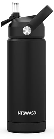 Ntswasd Vattenflaska i rostfritt stål sugrör termosflaska 550 ml-BPA fri läckagesäker termovattenflaska för skola, sport, barn, fitness (svart)