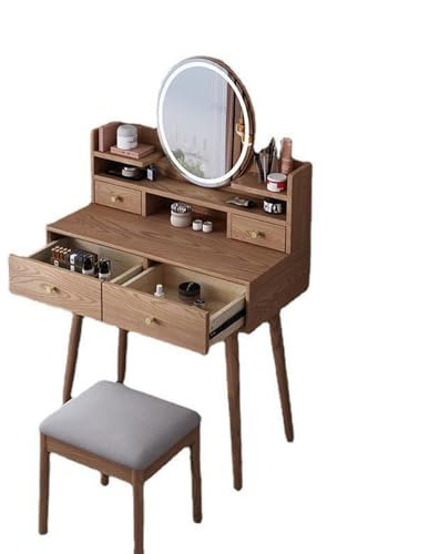 Escritorio retro de madera de nogal con cajones, espejo y taburete, juego de mesa de maquillaje para dormitorio, estilo vintage