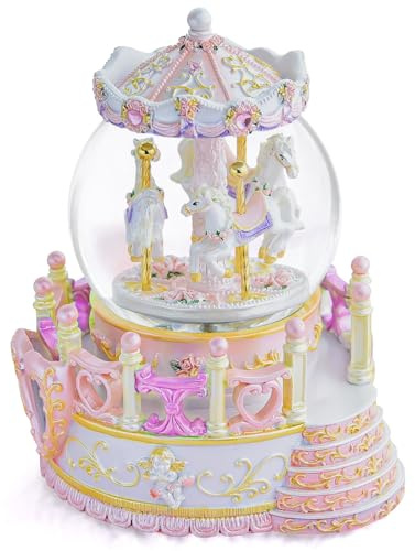 MS. WENNY Karussell-Schneekugel-Spieluhr, personalisierbarer Bilderrahmen, Muttertags-Geburtstagsgeschenk, Geschenk für Ehefrau, Freundin, Tochter, Mutter, Spieluhr mit Lichtern, Schloss im Himmel