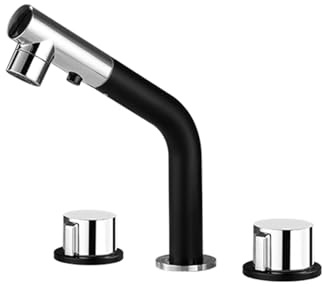 Rubinetto Bagno 3 Fori con Doccetta Estraibile Rotazione di 360° Doppia Maniglia Miscelatore Lavabo Bagno Calda e Fredda,Nero + Cromo Placcato
