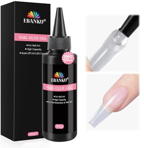100g Colle à ongles gel, EBANKU grande capacité colle à ongles à presser pour faux ongles en acrylique, gel souple, ultra résistant, longue tenue, lampe UV requise