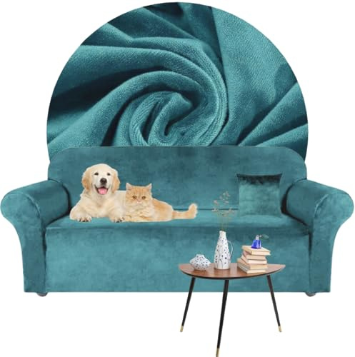 Domidekor - Sofa Überzug Türkis - Couch und Sofabezug 2 Sitzer - Sofaüberwurf für Wohnzimmer - Sesselbezug Stretch - Elastische Samt Couchbezug - Breite 145-185cm - Oeko-Tex 100