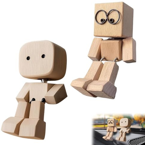 Pluvyze 2 Pcs SchüTtelmann Wackelnder Auto Charmante SchüTtelmäNnchen Holz WackelmäNnchen Auto Wackelfigur Handgefertigte Wackelnde Holzfigur,Accessoires Automobiles,Ornements Pour Tableau Bord