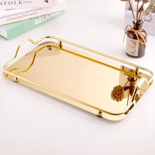 Bandeja de Plato Dorado, 34x21x2cm Rectangular con Asas De Acero Inoxidable Plato Organizador de Cosméticos Bandeja para Postre para Sala Baño Cocina Fiestas Desayuno Y Mesa De Centro