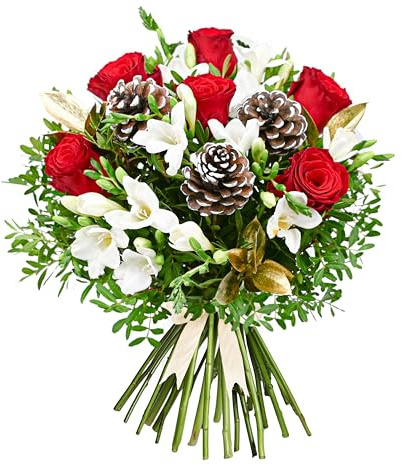 Festive Rose & Freesia Bouquet - Fresh Christmas Flowers – Christmas Floral Arrangements for Holiday Décor, Gifts, Celebrations, Winter Weddings, Seasonal Cheer, and Special Gatherings. (Standard)