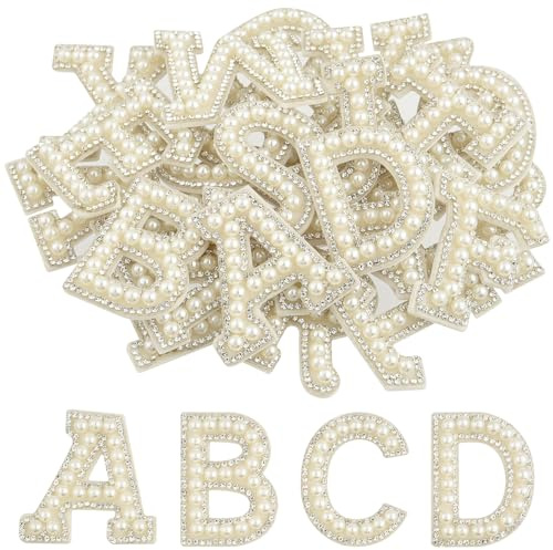 CHRORINE 26/52/78 Stück Selbstklebende Perlen Strasssteinen Buchstaben Patches A-Z, Buchstaben Alphabet Aufkleber mit Perlen für Hüte, Kleidung, Hosen, Taschen (52, Weiß, Höhe 1,9″)