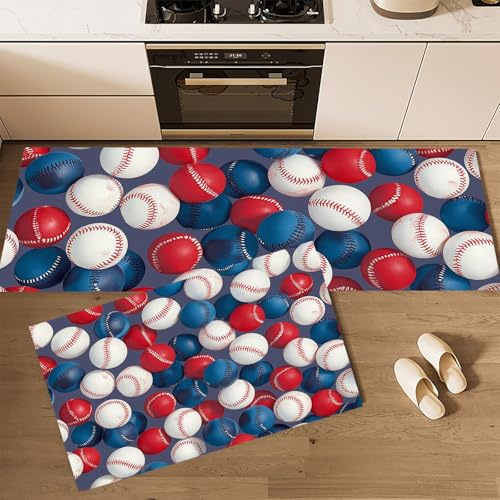 Patrón de béisbol Alfombra de Cocina Antideslizante Alfombra de Cocinas, Estilo atlético Durable Anti-Fatiga Corredor de Pasillo para Cocinas Lavable de Cocina,45x75+45x150cm