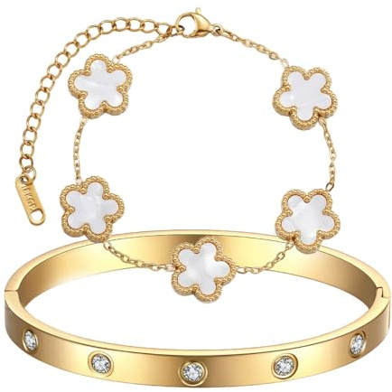 TenaLucy 2 stycken klöverarmband med fem blad, lyckobringande armband för kvinnor, vänskapsarmband, svart guld, gåvor till kvinnor, smycken för kvinnor, smycken för kvinnor (vit)