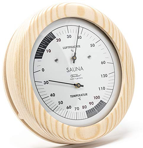Fischer 196TH-03 - Sauna-Thermohygrometer - 150mm Haar-Hygrometer und Bimetall-Thermometer aus Kiefer - Made in Germany
