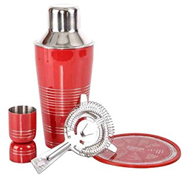 DONREGALOWEB Set de Coctel de Acero Inoxidable en Color Metal y Rojo Compuesto de coctelera, recetario, colador y Vaso medidor
