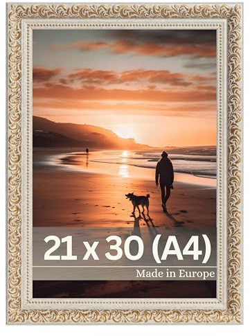 VictoR vintage Bilderrahmen „Rubens“ in 21x30 cm (A4) gold beige - Leiste: 30x20mm - Echtglas - Fotorahmen barock - antik - Bilderrahmen 20x30 vintage - Fotorahmen A4 gold