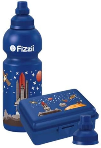 Fizzii Set Trinkflasche 600ml + Lunchbox inkl. Obst-/ Gemüsefach (schadstofffrei, spülmaschinenfest, Motiv: Weltraum)