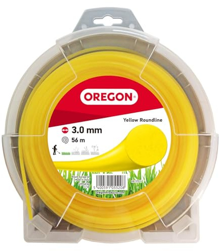 Oregon Gul rund 3 mm trimmerlina, trimmerlina tacklar långt gräs, ogräs, kanter och tjock vegetation, professionell slitstark nylontrimmertråd, passar de flesta standardmodeller, 3,0 mm x 56 m (69-370