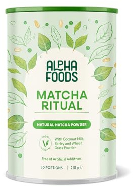 Alpha Foods Matcha Latte Pulver, vegan, 25% japanischer Zeremonien-Matcha Ritual mit Kokosnussmilch-, Gersten- und Weizengraspulver, für Smoothies, Shakes und Tee, 210g, 30 Portionen, Macha Powder