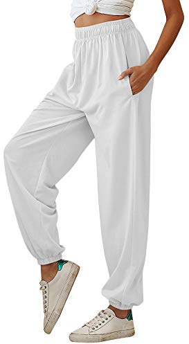 Nuofengkudu Femme Sarouel Jogging Pantalon Uni Ample avec Poches Elastique Taille Haute Baggy Fitness Tracksuit Bottoms Mode Classique Sport Harem Pants Danse Casual(Mince-Blanc,XL)